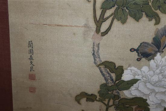 After Mori Ransai (Chinese, 1740-1807): An ink and pigment on silk panel depicting two rabbits,